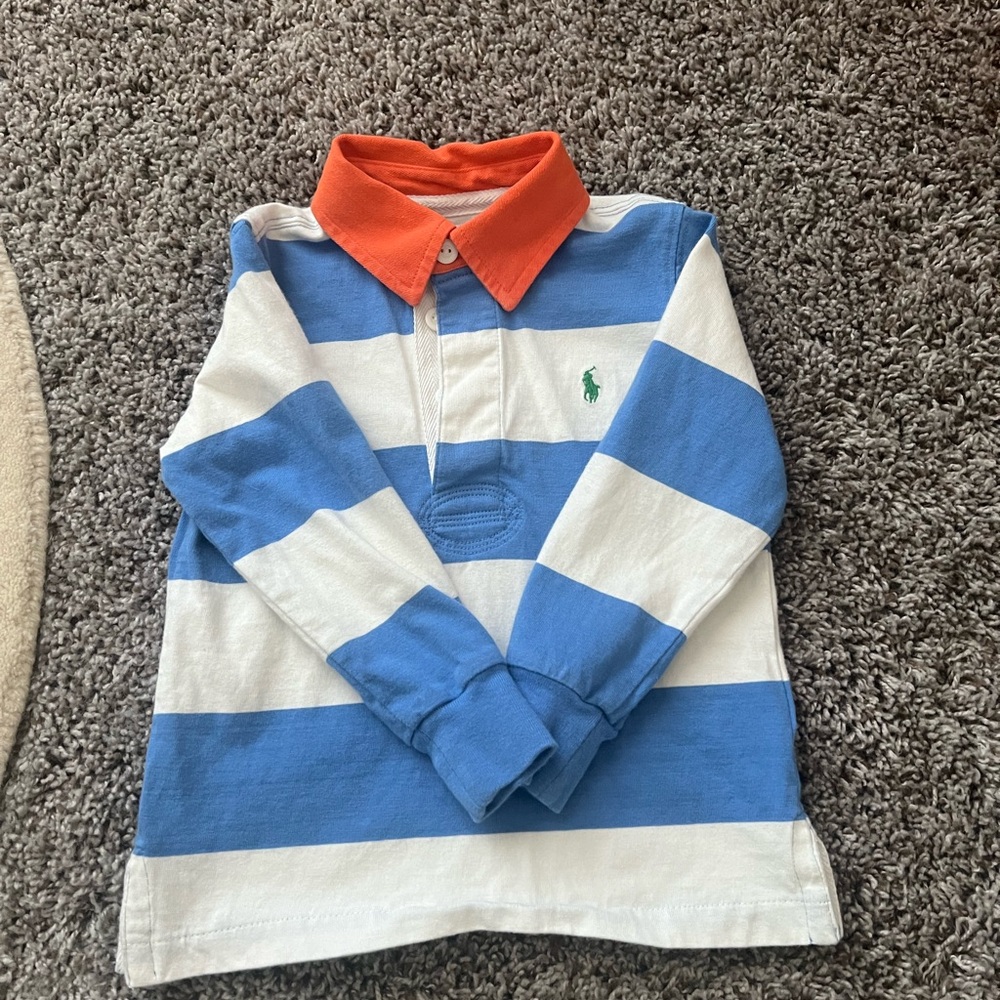 Ralph Lauren Kids Blue & White Striped Rugby Polo with Orange Collar